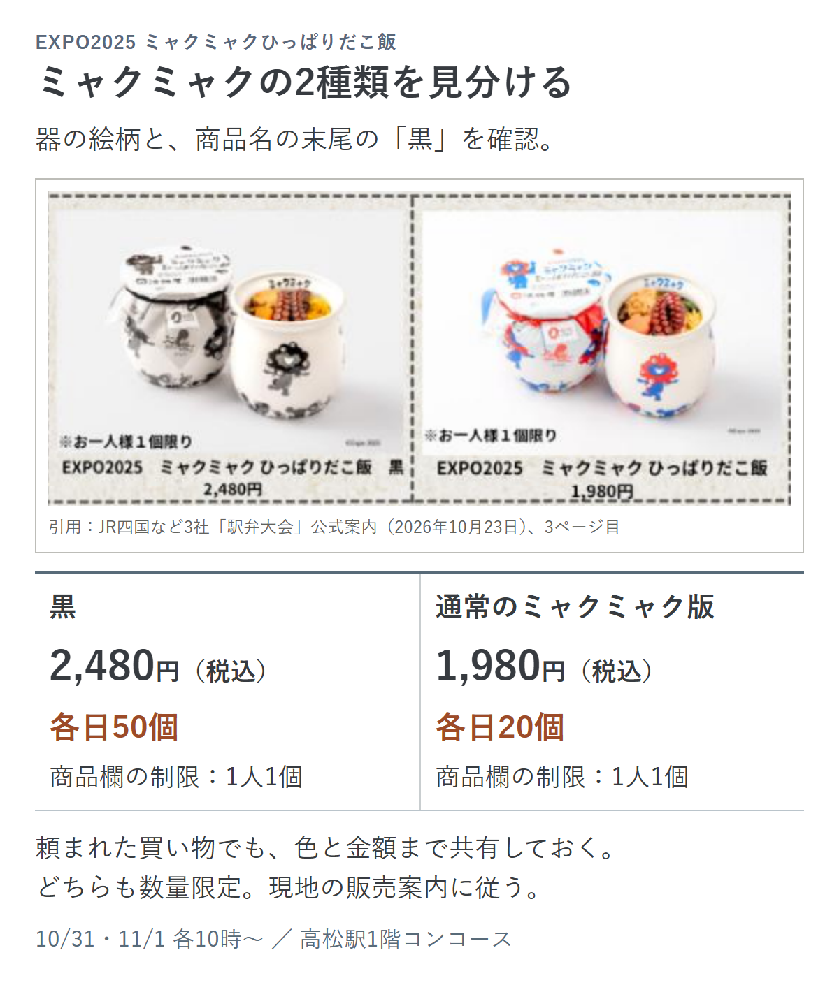 公式チラシの黒版と通常ミャクミャク版の2商品欄を引用し、税込2480円と1980円、各日50個と20個、各商品欄の1人1個制限を比較する図